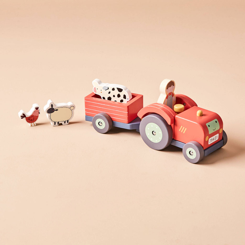 Wooden Tractor & Animal Trailer Toy