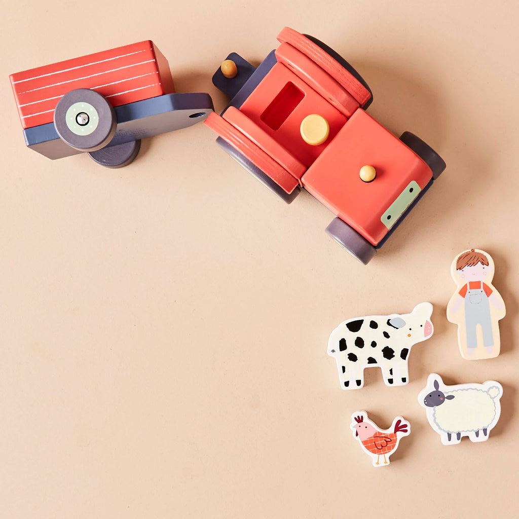 Wooden Tractor & Animal Trailer Toy